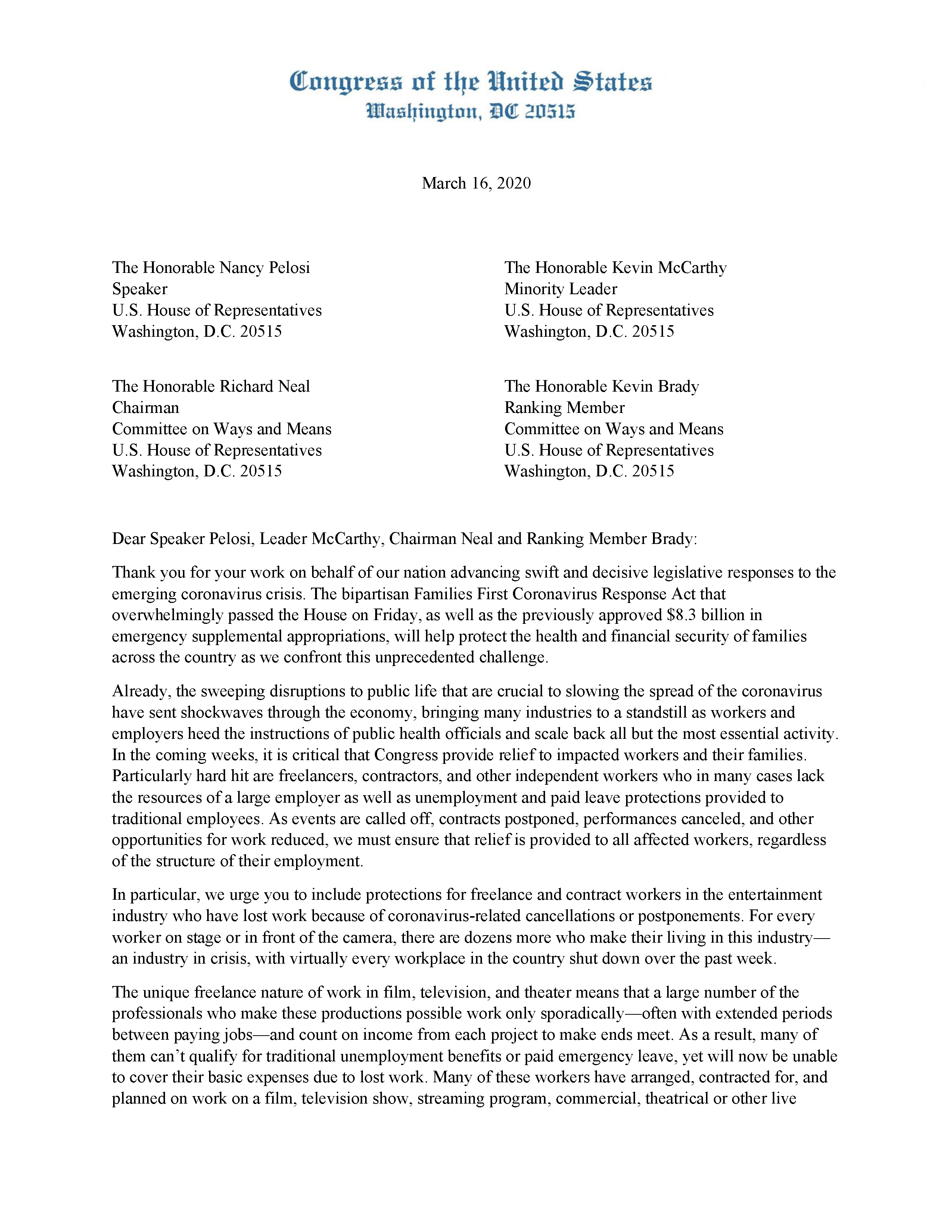 20200315 to leadership re coronavirus entertainment industry workers Page 1
